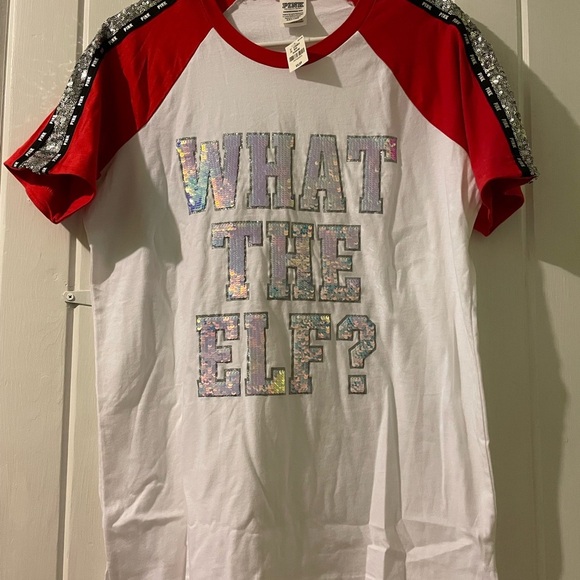 VS. PINK BLING “What The Elf” tee-oversized X-small NWT - Picture 2 of 8